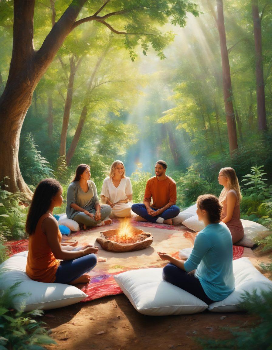 A diverse group of people gathered in a serene outdoor setting, engaging in supportive conversations, surrounded by nature, symbolizing emotional and holistic health. Include elements like trees, sunlight filtering through leaves, and soft cushions for relaxation. Integrate symbols of healing such as crystals and herbal plants in the scene. Capture a feeling of warmth, unity, and growth. vibrant colors. painting.