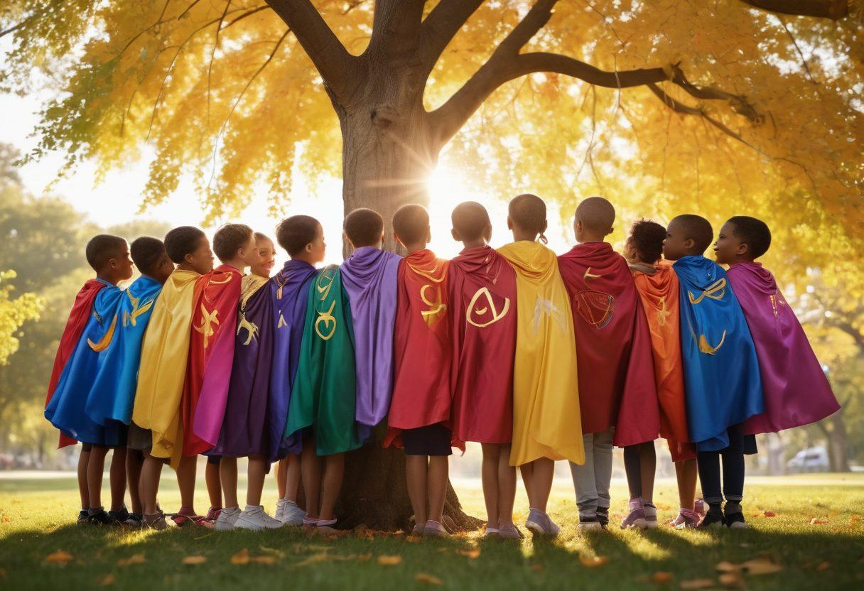A heartwarming scene of diverse children wearing superhero capes, symbolizing strength and resilience, gathered around a tree of hope adorned with colorful ribbons representing childhood cancer awareness. Their joyful expressions capture the essence of support and advocacy, while soft sunlight filters through the leaves, creating an uplifting atmosphere. super-realistic. vibrant colors. soft-focus background.
