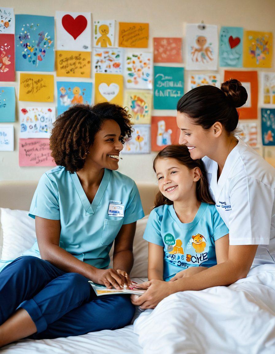 A heartwarming scene of a family together in a cozy hospital room, with a child smiling while surrounded by educational materials about childhood cancer, colorful drawings on the wall, and supportive nurses. The atmosphere is bright and hopeful, showing love and resilience. super-realistic. vibrant colors. soft lighting.